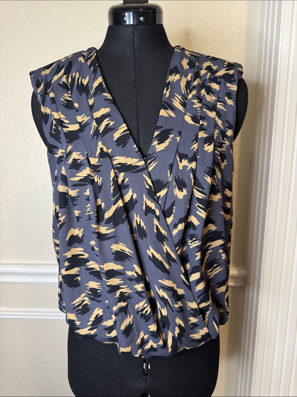 Express Sleeveless Draped V-Neck Blouse in Navy, Tan, and Black